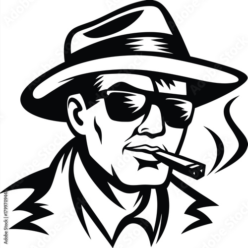 Mysterious man with sunglasses and a fedora enjoys a smoking cigar, rendered in black and white