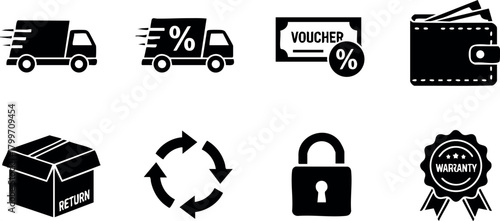 Delivery truck fast shipping discount voucher wallet box return recycle lock warranty vector icons set