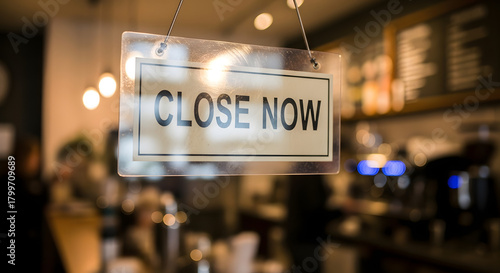 Informative close now sign at coffee shop doorway signals end of business hours welcoming customers to return again soon during normal hours