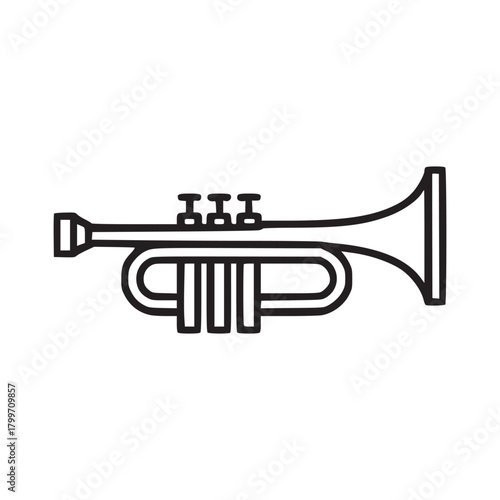 A simple line drawing of a trumpet isolated on a white background in a horizontal position