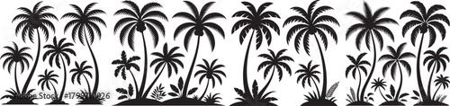 Monochrome silhouette depiction of multiple palm trees in varying sizes and shapes