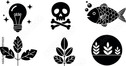 Set of six black vector icons including light bulb skull fish leaves and circle with wheat design for creative environmental concept