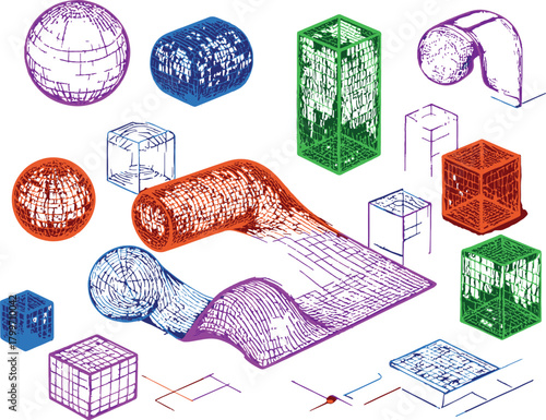 Wireframe Geometric Shapes Composition, 3D Rendered Abstract Grid Objects Isolated