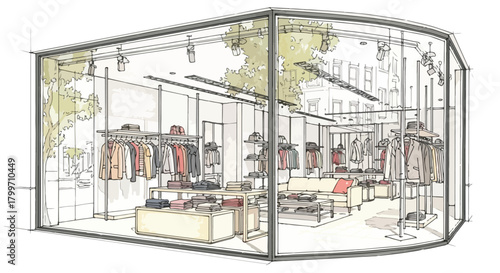 Perspective interior sketch of a modern boutique with corner glazing, hanging plants, open product displays, and clean contemporary commercial design flow.