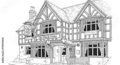 Architectural drawing of a Tudor-style house featuring timber framing, steep gables, decorative masonry, and classic heritage residential character.