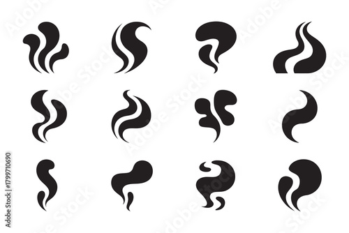 Set of black stylized smoke, steam, and aroma icons, perfect for hot beverage, food, and vapor design elements isolated Vector