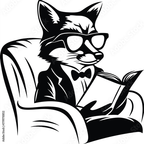 Monochrome fox wearing glasses and a suit reads a book while sitting in an armchair