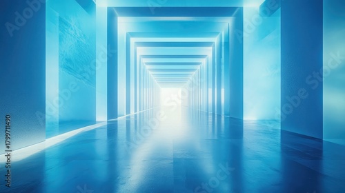 Fototapeta Naklejka Na Ścianę i Meble -  Futuristic blue light tunnel leading to bright future