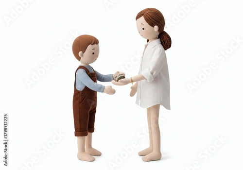 Mother and son exchanging a small, striped marble or ball, symbolizing a gentle transaction
