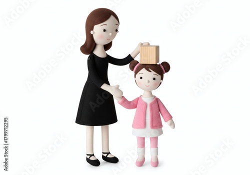 Mother and daughter balancing a wooden block on the child's head, symbolizing posture and learning
