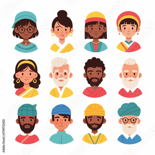 Colorful vector illustration set of diverse people from around the world. Portraits of men and women from various cultures and generations