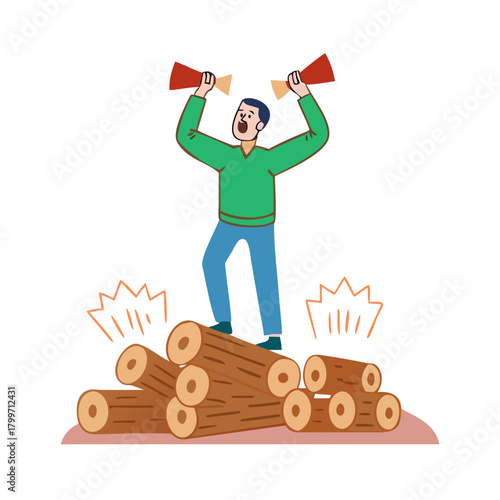 man on top of large pile of logs, shouting, lifting heavy log

