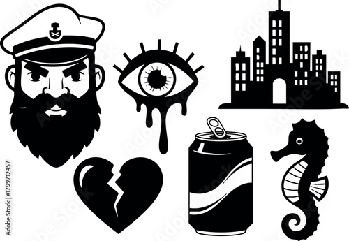 Nautical captain bearded man eye cityscape broken heart soda can seahorse vector icons collection