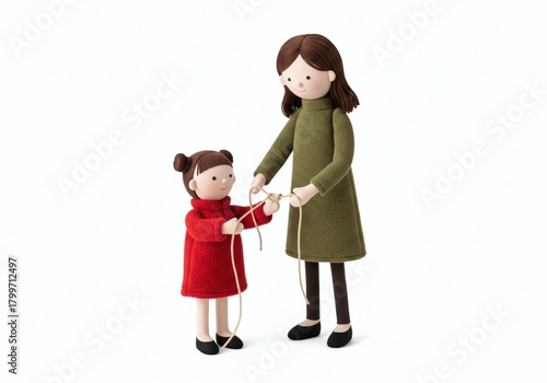 Mother teaching daughter to tie a knot with a piece of string, symbolizing life skills and education