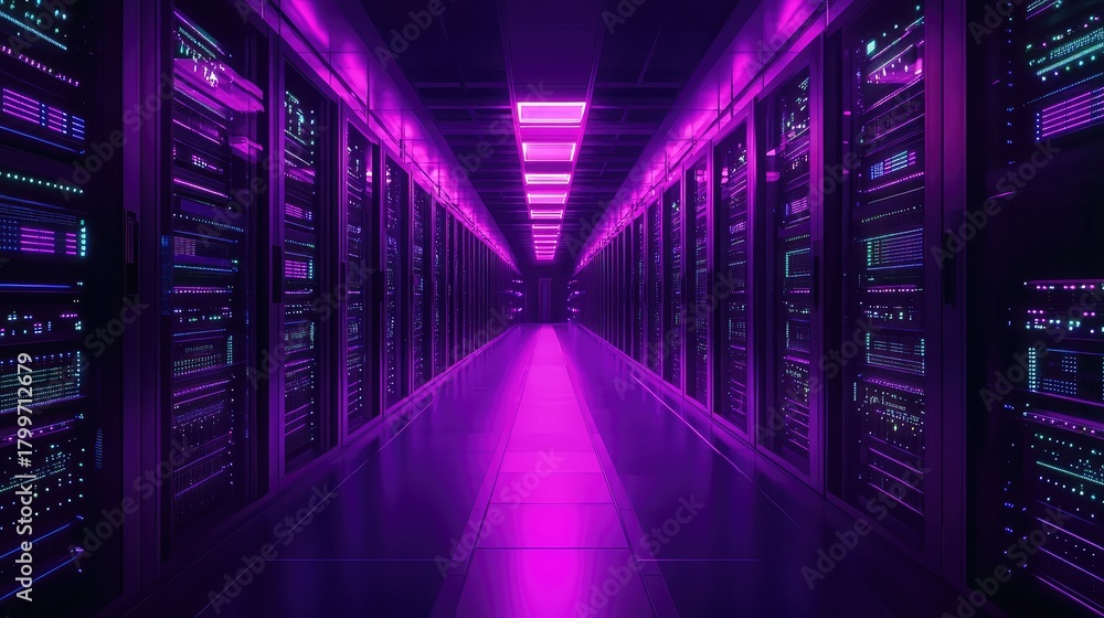 Fototapeta premium Data center server room glowing with purple light