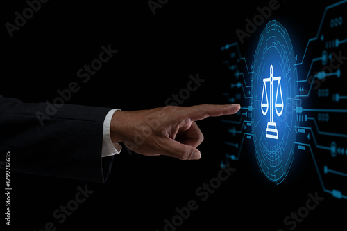 Justice and laws concept. Attorney at law legal business advice lawyer. AI ethics or AI law, developing AI codes of ethics. businessman touching law technology symbol on virtual screen.