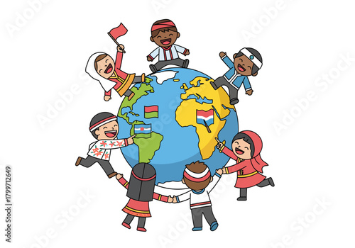 Multicultural Children Around the World Globe, Diversity Cartoon