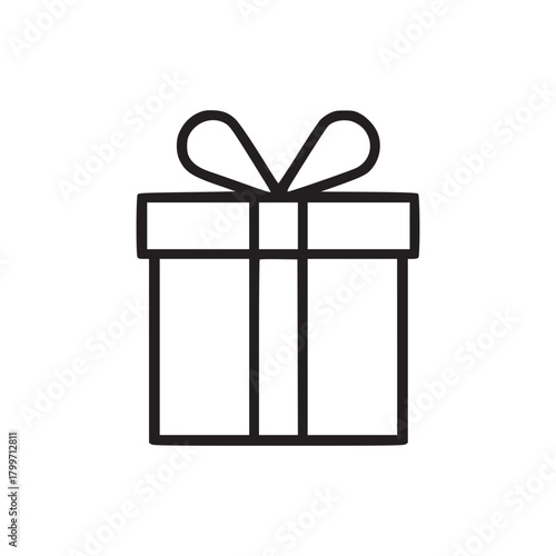 Simple black outline drawing of a gift box with a bow on a white background in a minimalist style