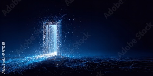 Digital doorway with glowing particles and network connections offers a portal to innovation and technological advancement online