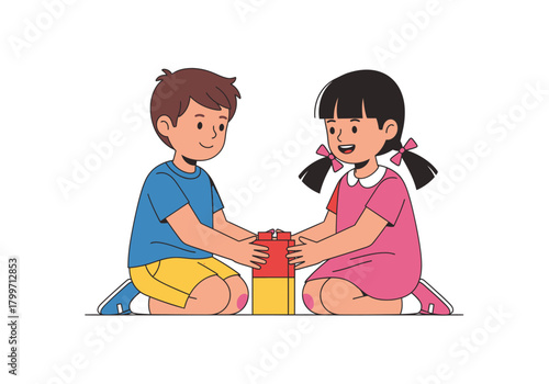 Kids Playing Together Children Building Blocks, Friendship, Cooperation