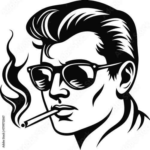 Stylish man with sunglasses smokes a cigarette in monochrome illustration creating a retro aesthetic