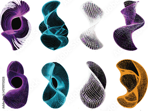 Abstract Geometric Forms with Intricate Patterns in Purple, Blue, and Orange Hues