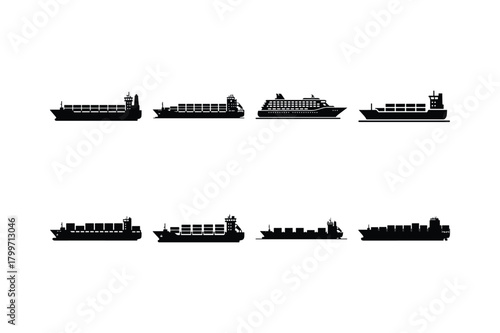 Cargo Ship Silhouette Icon Set
