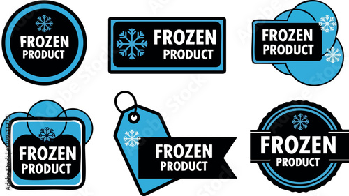 Frozen product label designs with snowflake icons in blue and black vector set for packaging and branding