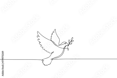 white dove flying with olive branch one line continuous