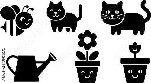 Cute cartoon bee cat flower watering can vector set with smiling faces and simple black silhouettes