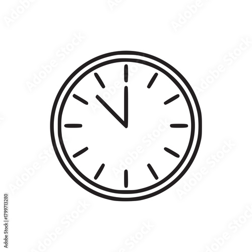 A simple line drawing of a clock face showing the time at eleven o'clock on a white background