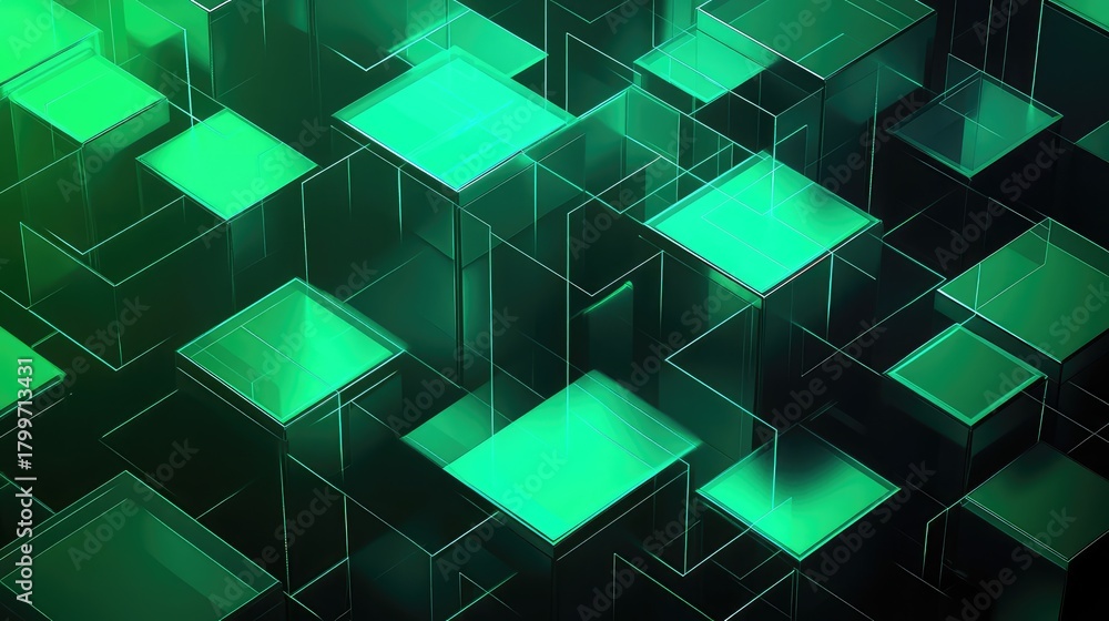 Obraz premium Abstract technological data cubes with glowing green light