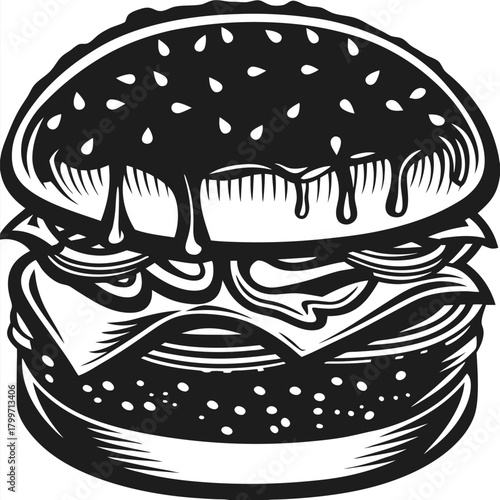 Monochrome shows an appetizing burger with cheese and dripping sauce in detail