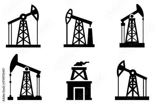 set of black silhouette icons representing various types and angles of oil pump jack rigs.