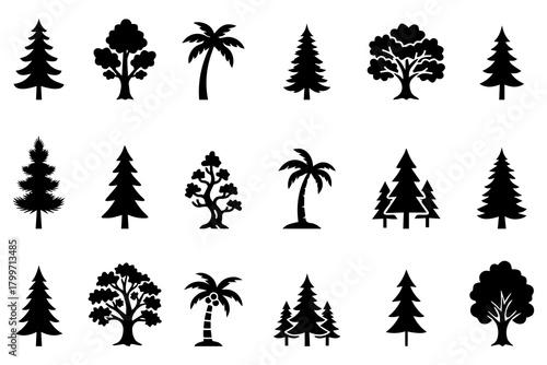 Tree silhouette icon collection, forest and pine tree vector set, nature foliage design bundle, simple black isolated tree shapes
