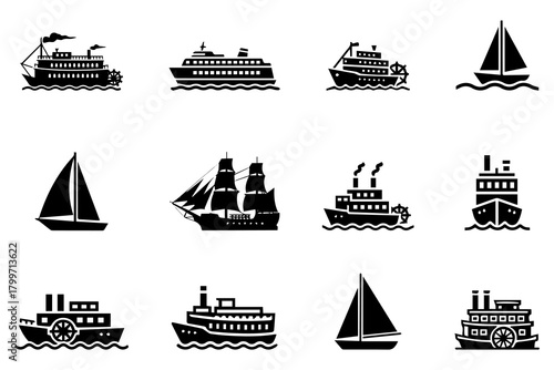 Boats and ship icon collection. Flat style vector illustration set. Vessels for sea travel and transportation.