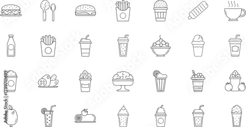 Hand drawn sketch icons of various fast food and drink items