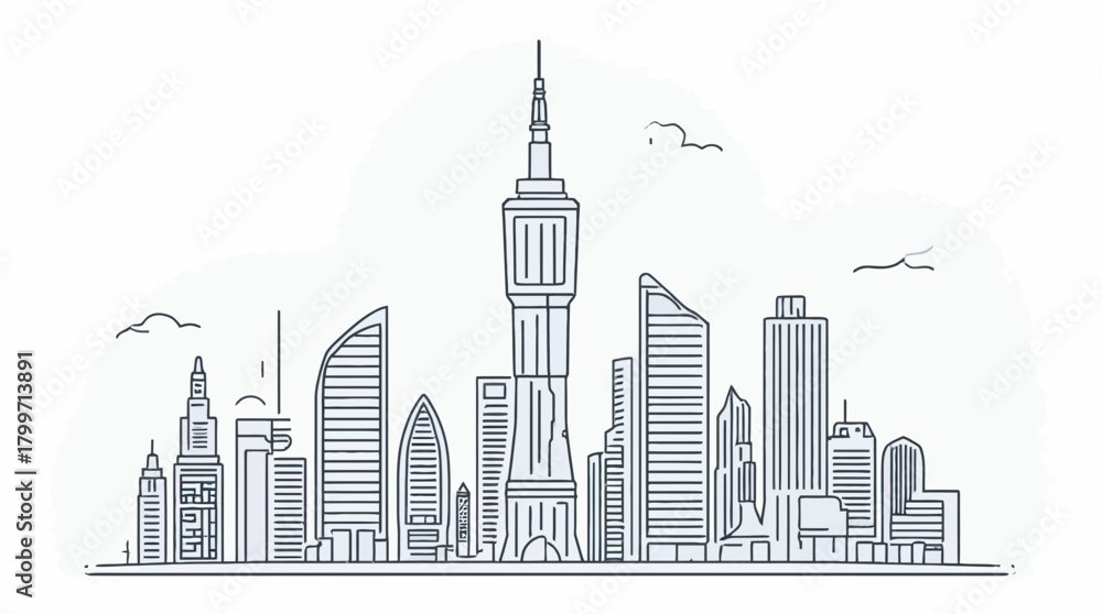 Obraz premium Modern city skyline vector illustration with diverse urban skyscrapers and tall towers