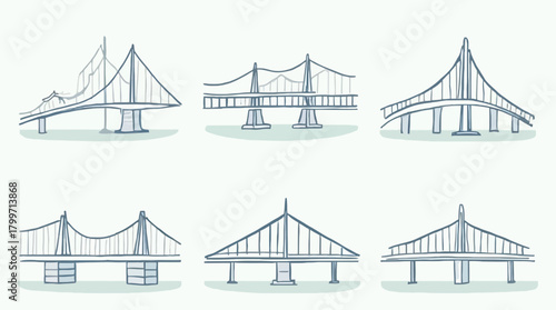 Diverse bridge structures are depicted in a modern and minimalist line art collection.