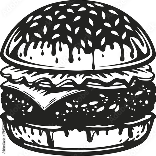 Monochrome burger with visible cheese and lettuce layers is dripping sauce on the sides