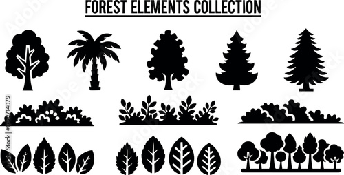 Forest elements collection with various tree and leaf silhouettes for natural and outdoor design projects vector illustration