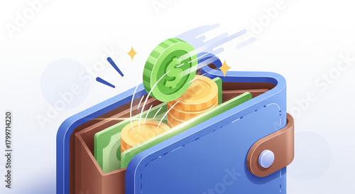 A vibrant illustration of an open blue wallet filled with coins and a banknote. A green coin with a dollar symbol is being added, conveying growth and wealth.