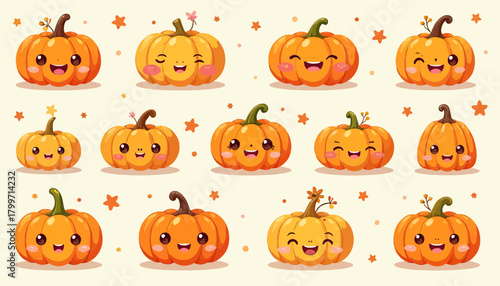 Cute cartoon pumpkins with smiling faces arranged in a delightful autumn pattern