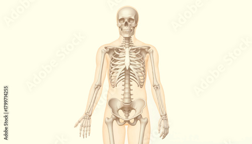 Detailed front view illustration of a human skeletal system, showcasing anatomical structures.