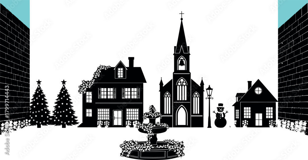 Obraz premium Christmas village silhouette set with church, houses, and snowman. Quaint winter town scene, black vector illustration, isolated on white.