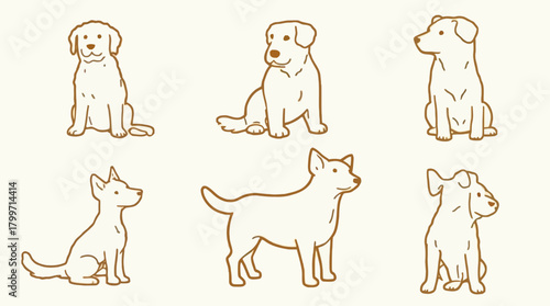 Six adorable line art illustrations of diverse dog breeds in various poses