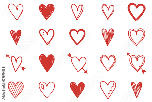 Doodle hearts sketch set. Various different hand drawn heart icon love collection isolated on white background. Red heart symbol for Valentines Day.