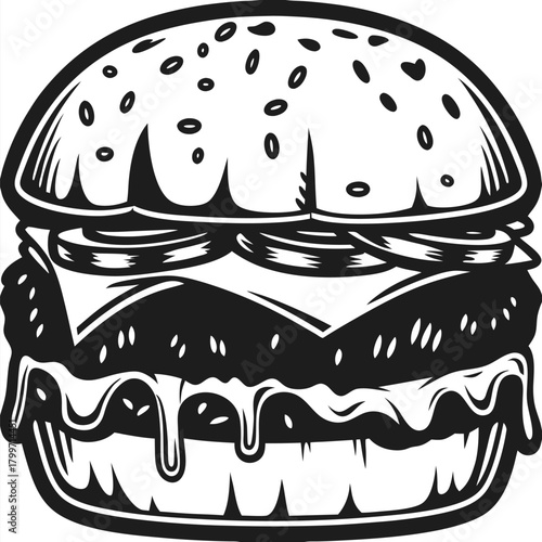 Monochrome burger with cheese, meat, and onions showcases a delicious and detailed menu item