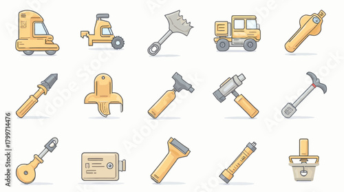 Set of diverse construction and industrial tools and heavy equipment flat vector icons