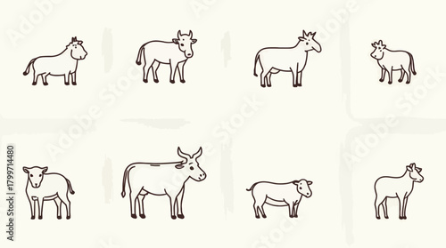 Eight minimalist line art vector illustrations of different cattle breeds